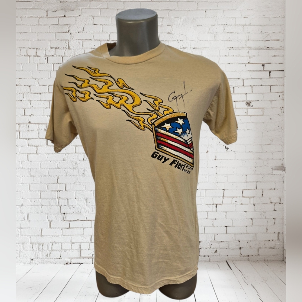 EUC Autographed Guy Fieri Roadshow Graphic Tee Patriotic Flaming Cake 2009